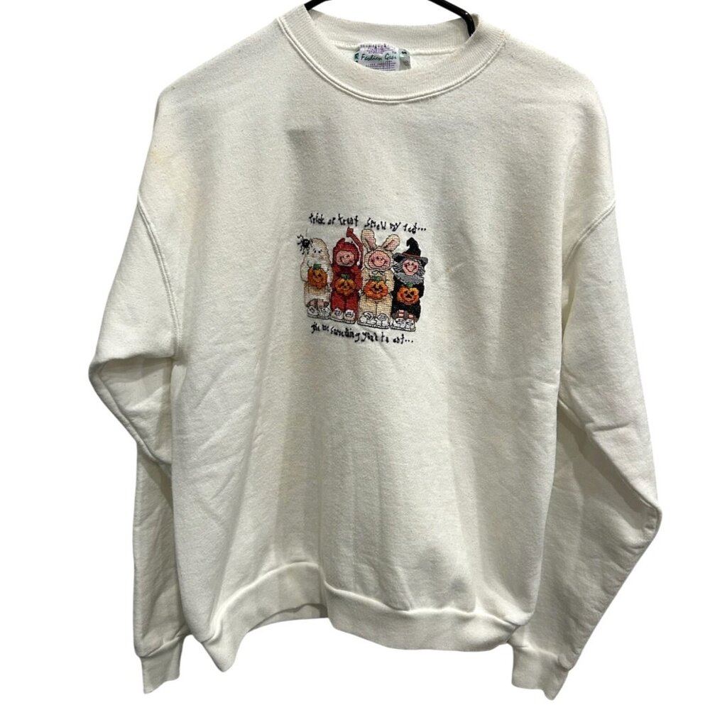 Vintage Fashion Gear Halloween Sweatshirt White Crewneck Cross-stitch Sz Large
